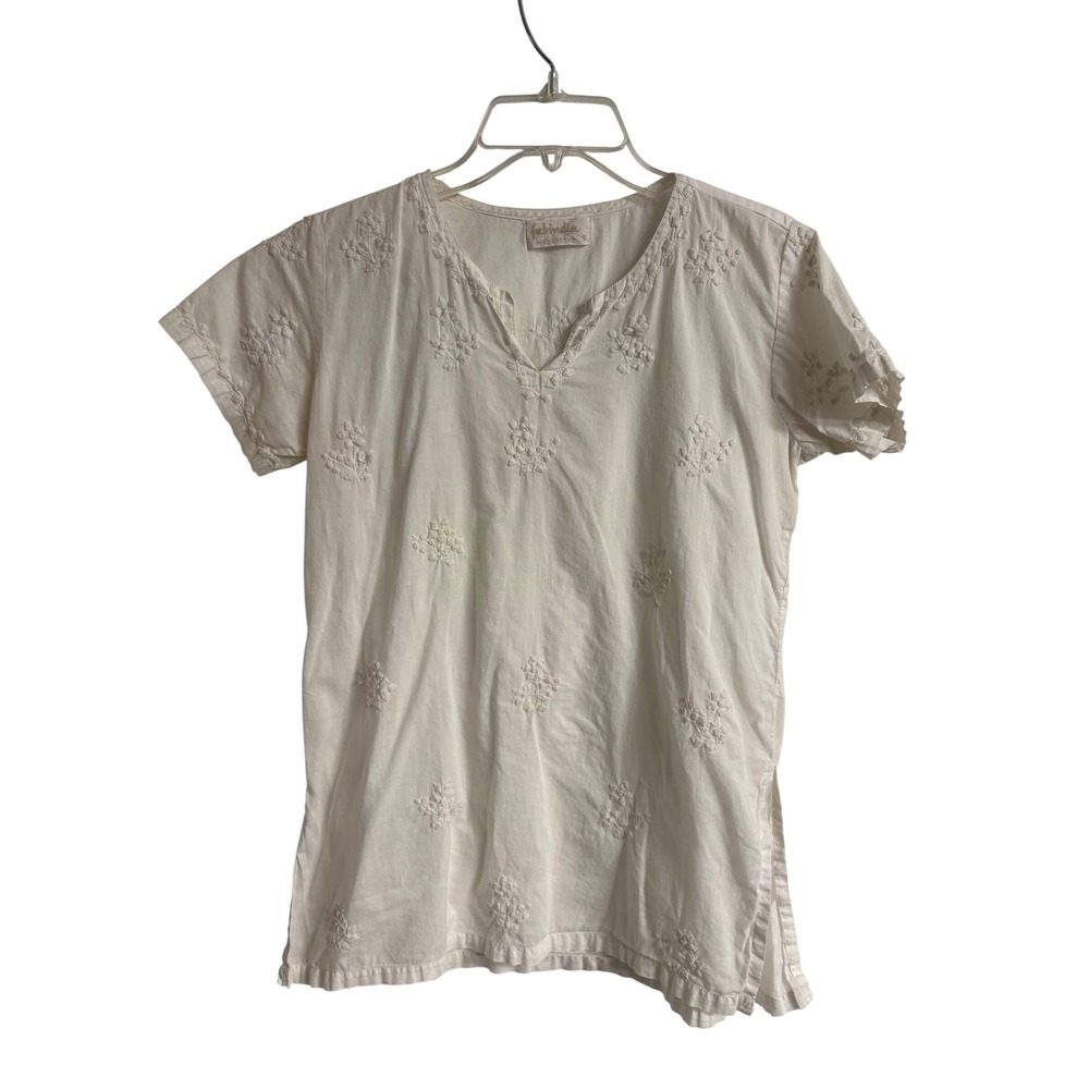 Fabindia White 100% Cotton Embroidered V-Neck Top Short Sleeve Boho Small